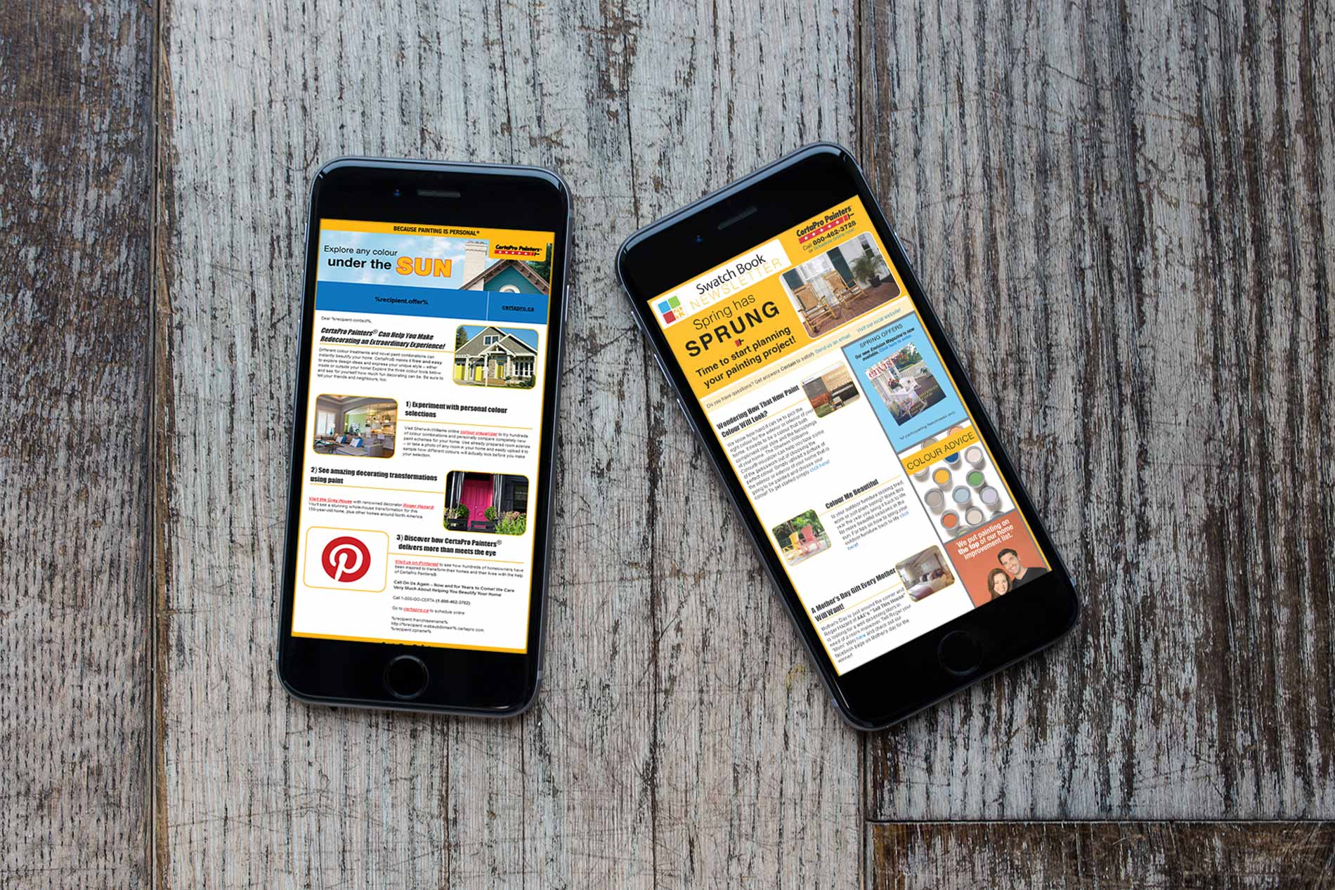 Two mobile phones showcasing CertaPro's emails